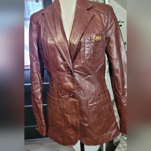 Etienne Aigner Ox Blood Genuine Leather Vintage Jacket Blazer - Picture 2 of 8